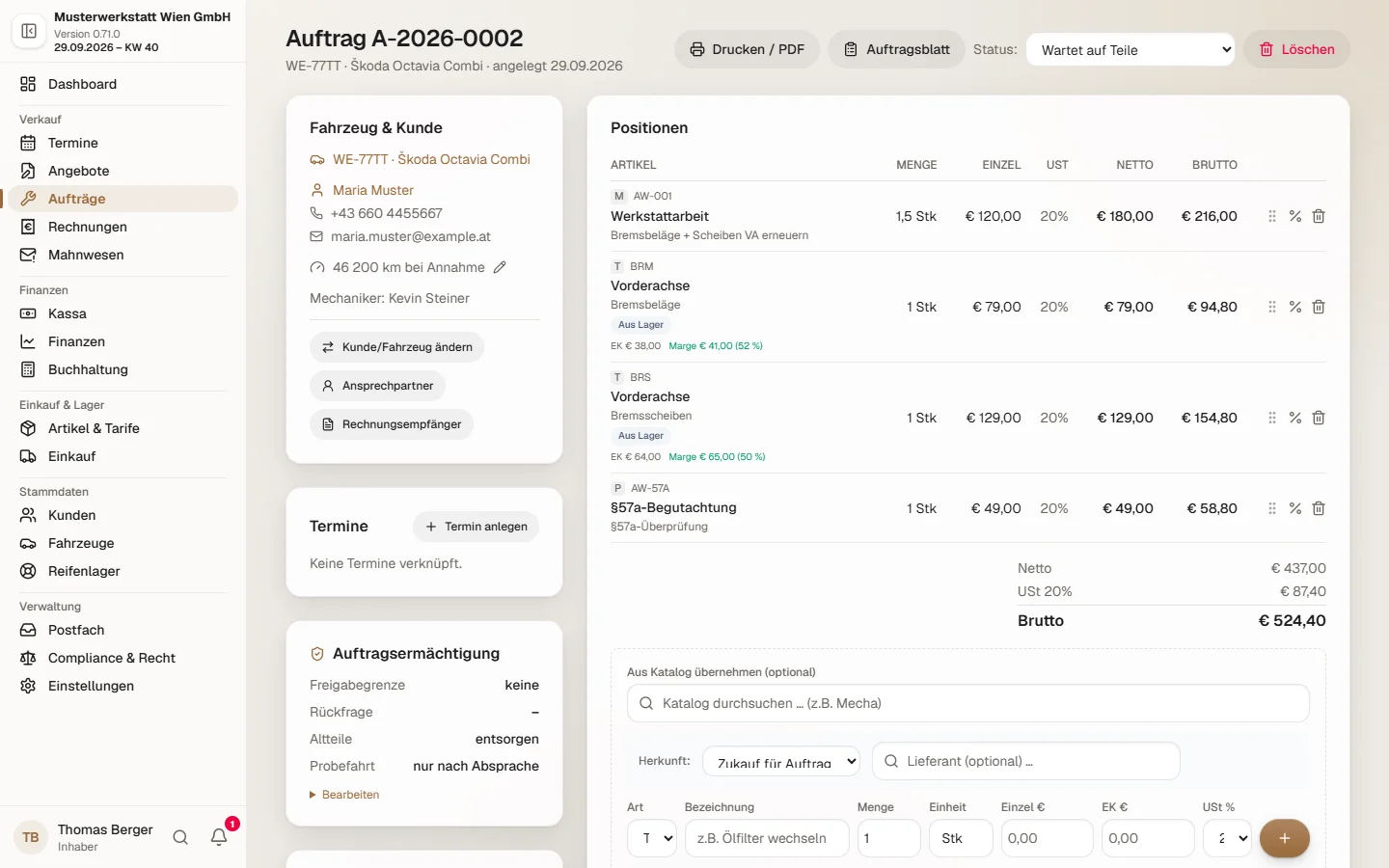 Auftrag in Werkstattpilot24 mit Fahrzeug & Kunde, Positionen für Arbeit und Teile samt Marge und Auftragsermächtigung.
