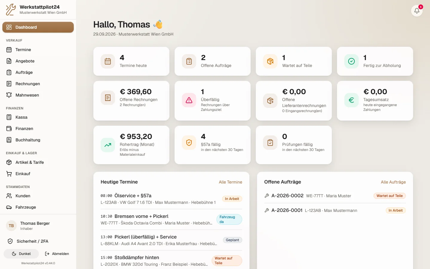 Dashboard von Werkstattpilot24: heutige Termine, offene Aufträge, Tagesumsatz und §57a-Erinnerungen auf einen Blick.