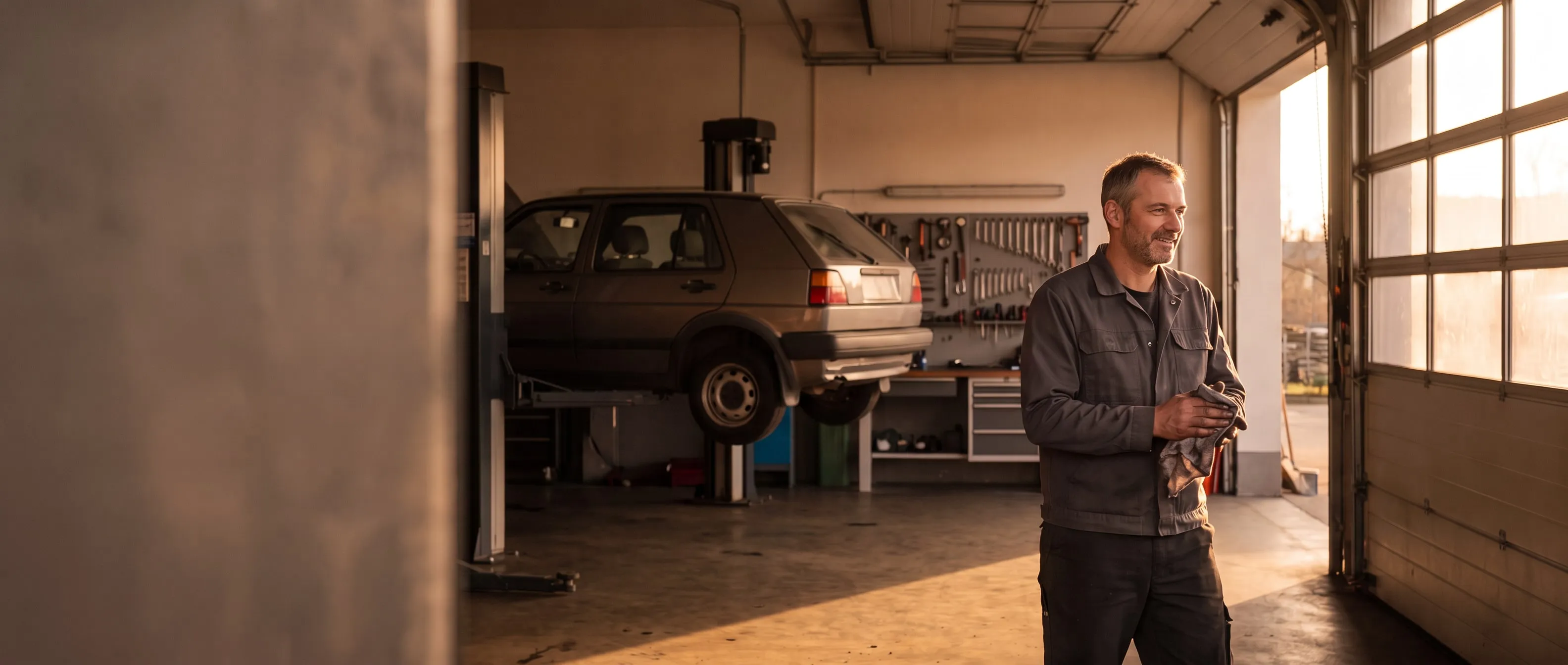 Werkstattinhaber wischt sich am Feierabend die Hände ab — hinter ihm ein Auto auf der Hebebühne, durch das offene Tor fällt Abendsonne.